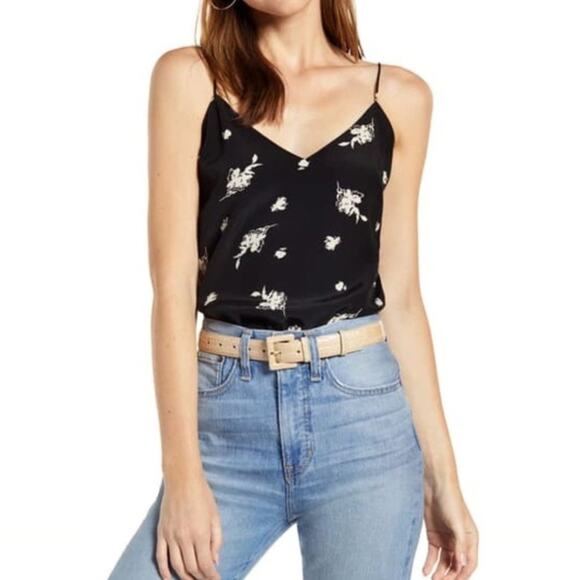 Something Navy Black Floral Tank Top Sleeveless V-Neck Strappy S - Picture 1 of 4